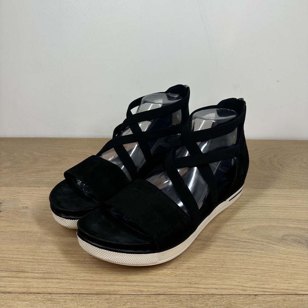 Eileen Fisher Sandals Women 10 Black Suede Strappy Platform Wedge Gladiator